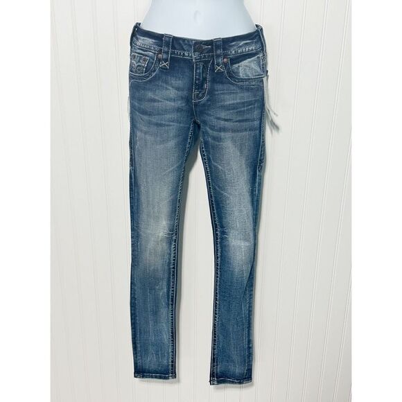 Rock Revival Muna Mid Rise Skinny Jeans Blue Distressed Size 24 Length 32‎ - Picture 1 of 16